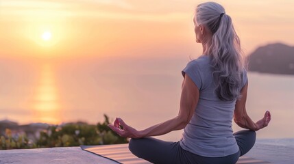 A grey-haired woman meditates on a yoga mat by the seaside at sunrise, embracing peace and tranquility.