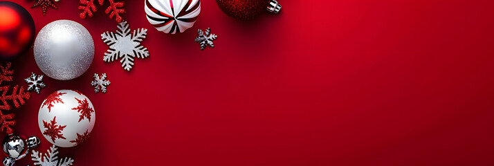 Christmas background with red and white decorations on the left side. red color backdrop. banner design. space for text 