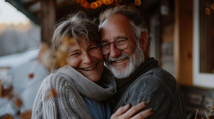 Obraz premium couple senior family smile and happy activity together, cuddling, warm hugs, senior or adult love, married couple, warm family. Husband and wife in love so fun in important days, celebrating