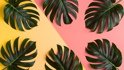 Naklejka premium Tropical palm monstera leaves on summer yellow and pink background flat lay top view