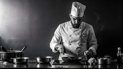 Minimalist Poster: Chef Cooking in Kitchen. Perfect for: culinary events, cooking classes, restaurant promotions, event posters, food festival advertisements, culinary school marketing.