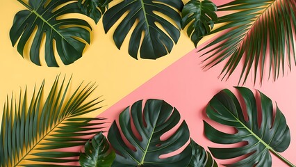 Obraz premium Tropical palm monstera leaves on summer yellow and pink background flat lay top view