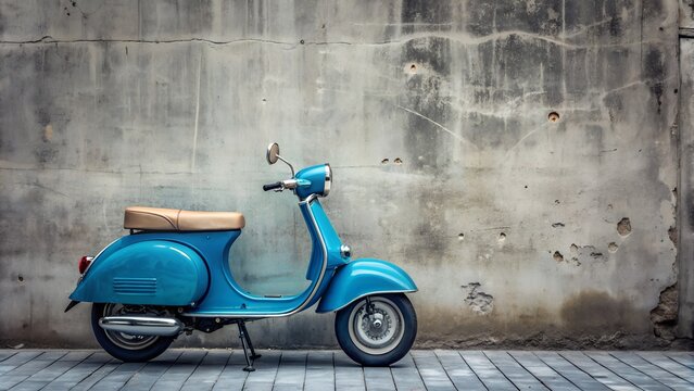 A vintage scooter parked against a wall
