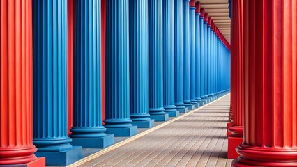 A row of columns adjacent to a wall. Perspective.