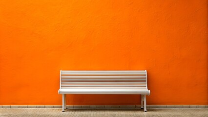 White Bench Against Orange Wall. Copy space.