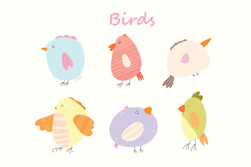 Set of cute cartoon birds in pastel colors on light background. Vector illustration.