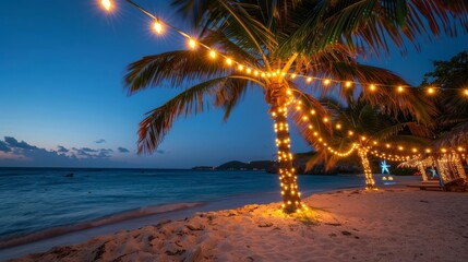 Bright Christmas lights strung around a tropical palm tree