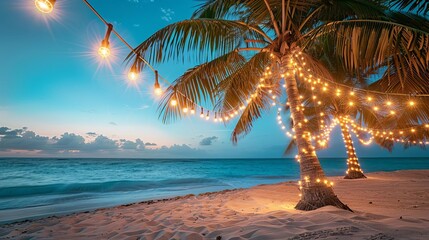 Bright Christmas lights strung around a tropical palm tree