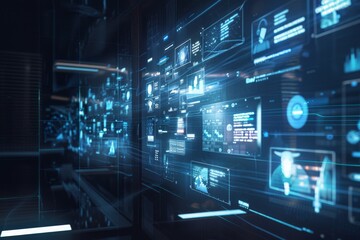 A futuristic holographic interface displaying social media feeds and notifications