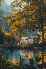 Obraz premium Long shot of a vintage RV parked by a tranquil lake