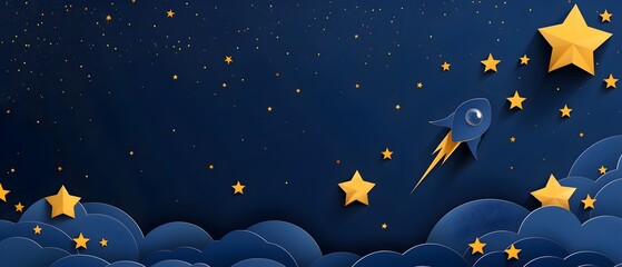 Whimsical Paper Cut Comet and Twinkling Stars on Navy Blue Background with Copy Space
