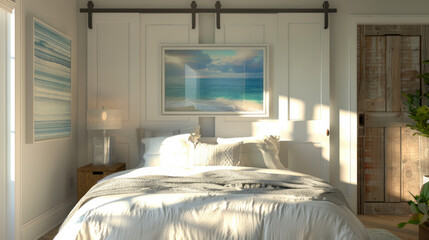 A cozy bedroom with a coastal style is shown in a 3D rendering. The frame of a painting is placed on the wall in the center of the background.