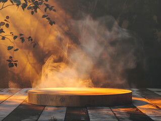 Round wooden podium with beautiful backlighting