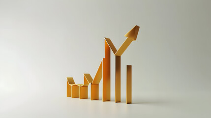 3D render of a gold bar chart with upward arrow on a simple white background symbolizing growth, success, and financial performance.