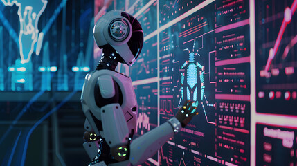 A futuristic humanoid robot interacts with a digital interface, showcasing advanced AI technology and data analysis capabilities.