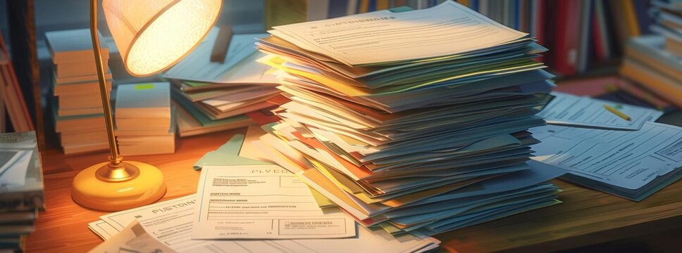 Stack of legal documents on a desk with a criminal record on top, top-down view, bright desk lamp illuminating the scene