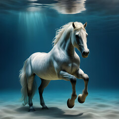 White horse on the beach coastal beauty dynamic motion with water background