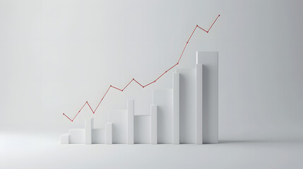 Minimalist 3D bar chart with rising line graph, depicting business growth, success, and financial increase on a plain background.