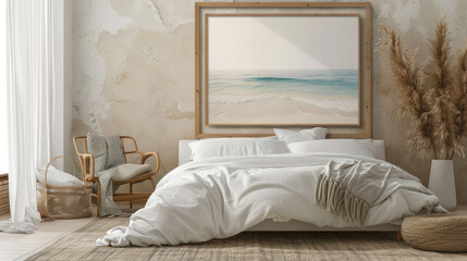 Cozy coastal bedroom with a stylish frame mockup, perfect for showcasing your artwork or photos.