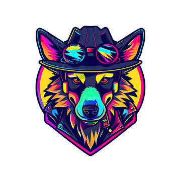 Wolf in hat and sunglasses close up