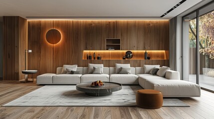 Fototapeta premium Modern Living Room with Wood Paneling: Cozy Sophistication in Minimalist Design