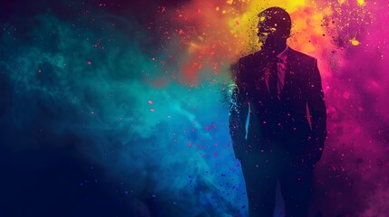 Silhouetted Businessman Engulfed in Vibrant Color Explosion Symbolizing Business Creativity and Motivation