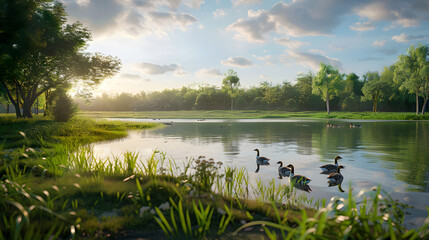 Serene lake scenery with lush greenery, ducks swimming peacefully and a beautiful sunset sky creating a tranquil atmosphere.