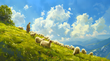 Shepherd tending a flock of sheep in a lush green meadow with bright blue skies and fluffy clouds in the background. - Powered by Adobe