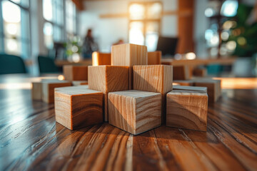 Close-up of wooden blocks arranged on a table in a modern, sunlit office setting, highlighting teamwork, creativity, and a collaborative work environment.