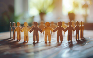 Wooden figurines holding hands in a circle, symbolizing unity, teamwork, and community in a brightly lit environment with a blurred background.