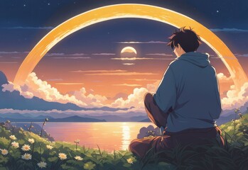 illustration of a lone person at night by moonlight in anime and cartoon style.