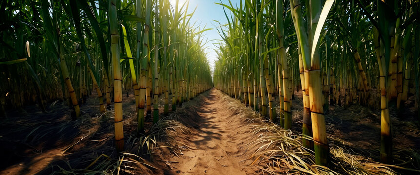A field of sugar reeds, sugarcane green stems, copy space.