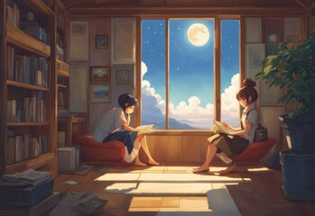 illustration of a lone person at night by moonlight in anime and cartoon style.