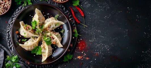 dumplings with meat Dumplings with herbs in a black plate. traditional cuisine. View from above. space for copying.