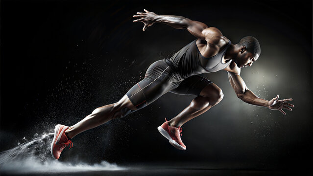 The athlete is in the position of sprinting from a starting point with maximum speed.