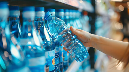 Close up of a womans hand taking a bottle from a shelf with blue water in a supermarket. with a blurred background 