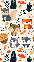 Cute pattern background, animal cartoon image, vector graphics, line diagrams, children's colors 