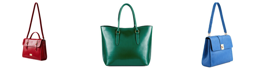 leather bag isolated with no background. Set of 3 PNG illustrations of stylish leather bag in red, blue and green colors.