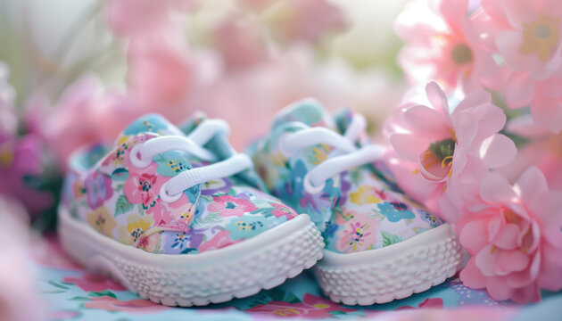 A pair of baby shoes with a floral pattern are sitting on a table next to a bunc