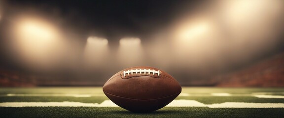 American football ball in front of warm-toned spotlights on the field and foggy background

