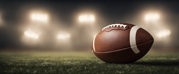 American football ball in front of warm-toned spotlights on the field and foggy background
