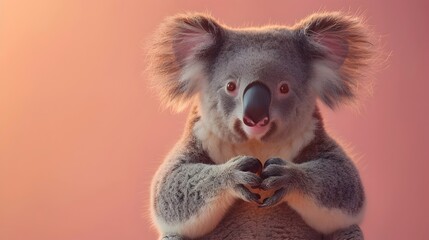 Fototapeta premium Surreal Koala Makes Heartfelt Gesture on Pastel Background with Studio Lighting