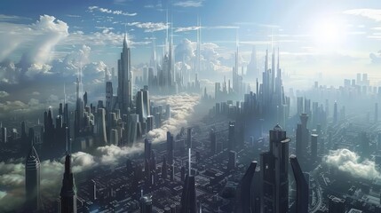 A futuristic cityscape with reflective roofing on all buildings to minimize heat absorption