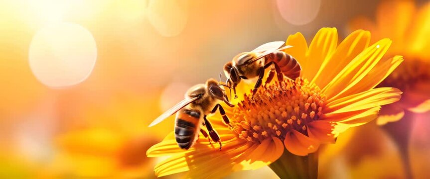 Bees on blossom flowers background