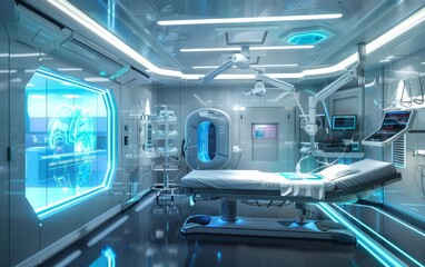Obraz premium A futuristic recovery room equipped with advanced monitoring systems and robotic assistants