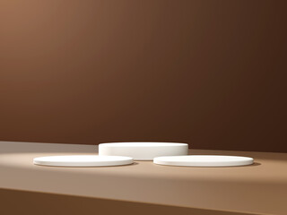 3d display product minimal scene with geometric podium platform. cylinder background 3d rendering with podium. stand for cosmetic products on brown background.