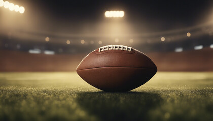 American football ball in front of warm-toned spotlights on the field and foggy background
