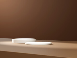 3d display product minimal scene with geometric podium platform. cylinder background 3d rendering with podium. stand for cosmetic products on brown background.