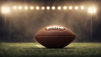 American football ball in front of warm-toned spotlights on the field and foggy background
