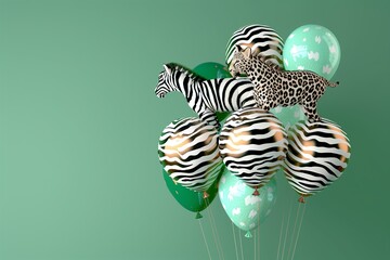 A cluster of balloons with animal prints, including zebra stripes and leopard spots, hovering against a solid green background, their patterns creating a wild and adventurous scene,